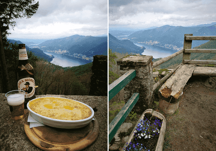 Panorama dal Rifugio Riella sul Monte Palanzone, birra e polenta del rifugio.