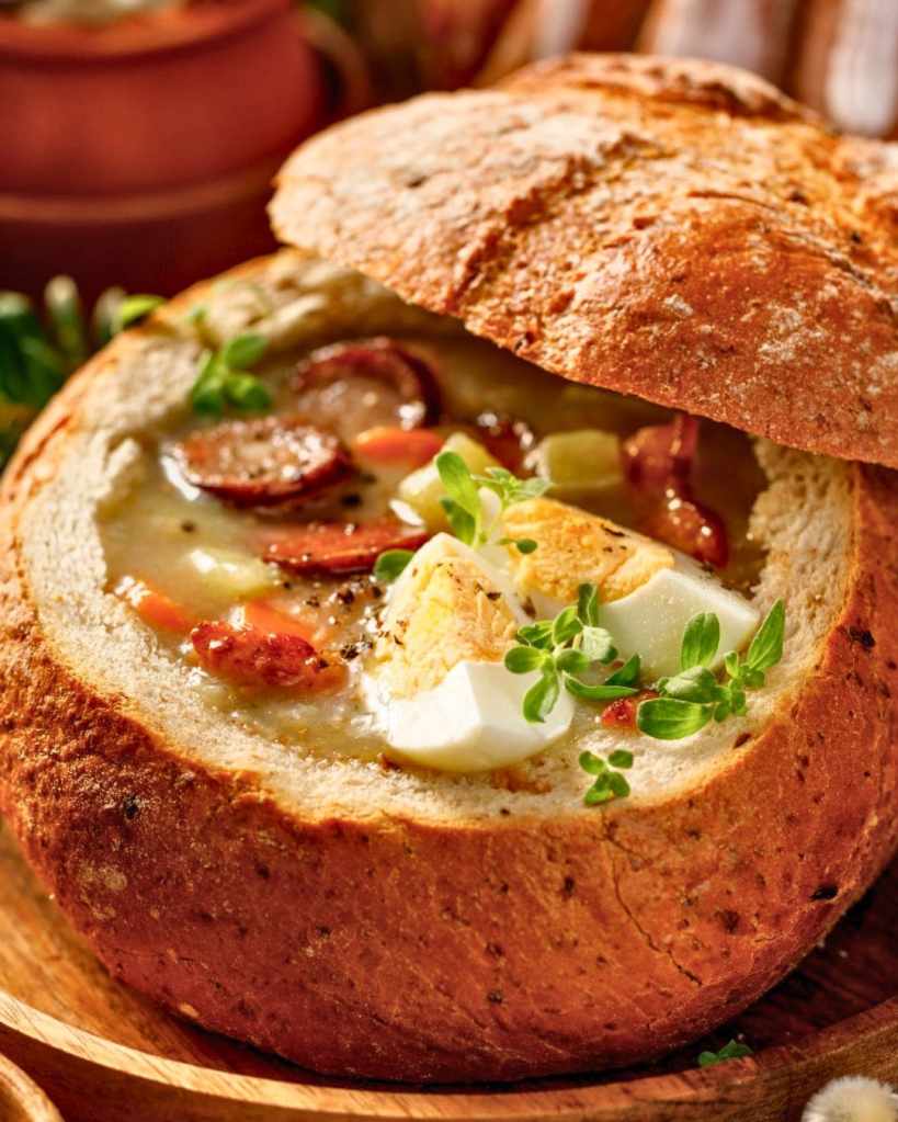 Zurek zuppa polacca per eccellenza, preparata con farina di segale fermentata, legumi, patate, uova sode, funghi, cipolle, pancetta e salsiccia.